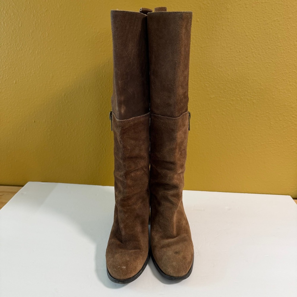 Nine West Brown Suede Knee High Boots 7.5 Boho Riding Tall Block Heel Nwolette - Picture 2 of 10